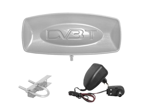Ensemble d'antenne externe argentée DVB-T DIGITAL (amplificateur, alimentation, support).