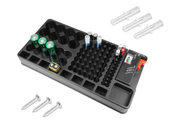 Organisateur de piles avec testeur, 98 piles (AA, AAA, 9V, R14, R20, bouton).