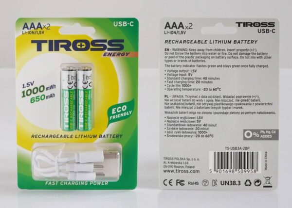 Batterie rechargeable 650 mAh 1,5 V, USB-C