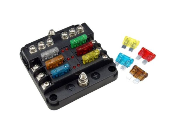 Boîte à fusibles 6x avec rail (-) jeu de fusibles UNI 4x15/20 2x10/5A