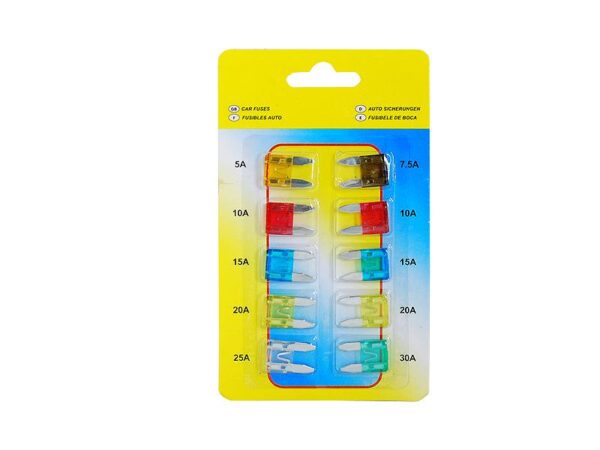 Lot de 10 mini fusibles plats automobiles.