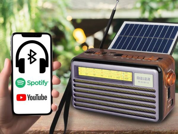 Radio portable rétro PS Liwa avec panneaux solaires (MK-193BT), FM, Bluetooth, USB, SD, AUX, lampe USB, filtre