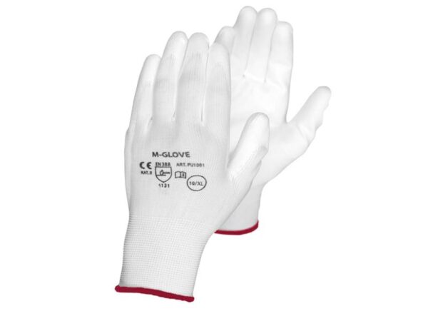 Gants de protection en polyester de 8 pouces, enduits de polyuréthane, blancs (12 paires).
