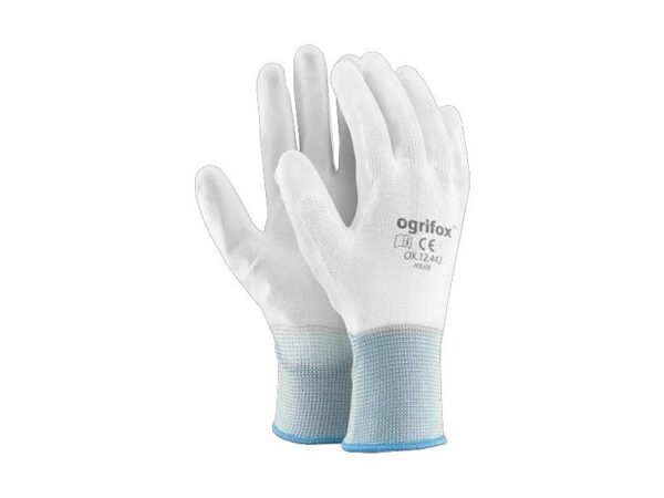 Gants de protection en polyester 7 pouces, enduits de polyuréthane, blancs (12 paires).