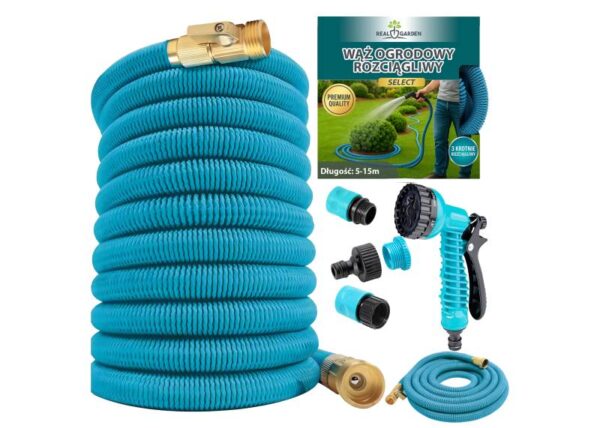 Tuyau d'arrosage haut de gamme, extensible de 5 à 15 m, avec vanne, pistolet d'arrosage à 7 jets, raccords et embouts en cuivre.
