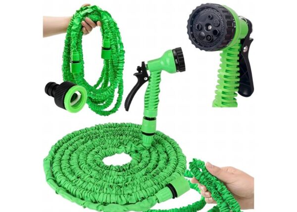Tuyau d'arrosage flexible de 5 à 15 m, pistolet 7 jets inclus, raccords