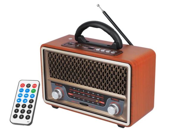 Radio portable PS RETRO MK-197 Bluetooth, USB, cartes TF, AUX, télécommande, batterie intégrée marron doré.