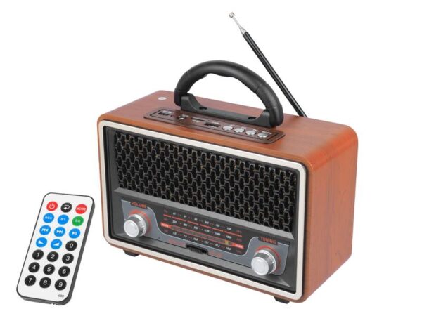 Radio portable PS RETRO MK-197 Bluetooth, USB, cartes TF, AUX, télécommande, batterie intégrée, noir et or.