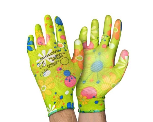 Gants de protection en polyester élastique pour femme. Fleurs vertes (6) paquet de 12 paires.
