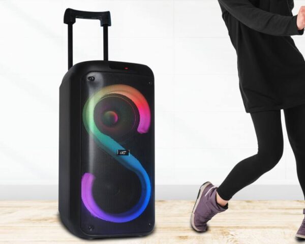 Enceinte Bluetooth LTC RGB 2x8'' 400W, 2 microphones et télécommande USB/SD/AUX/FM 7200mAh