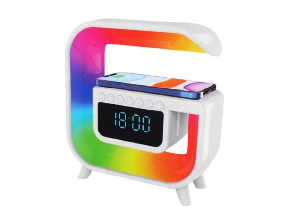 Lampe LED RGB intelligente PS avec affichage, chargeur à induction, haut-parleur Bluetooth, radio FM, USB, lecteur de carte TF, entrée auxiliaire, batterie rechargeable