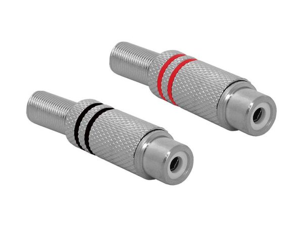 Prise RCA en métal gravé, rouge/noir.