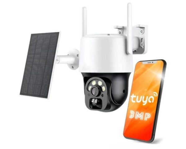 Caméra solaire extérieure rotative LTC blanche IP66 PTZ Wifi IP 3 Mpix Panneau 3W USB-C Batterie 5V 9600mAh 320* (App Tuya/iOS/ANDROID)