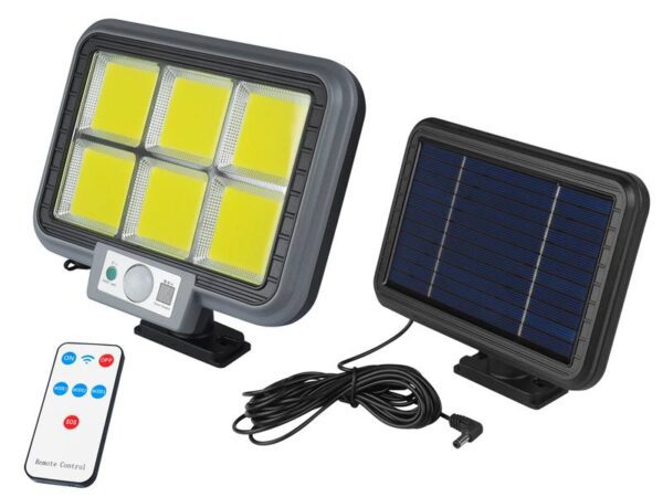 Lampe COB à 6 LED de grande taille, panneau solaire sur câble, détecteur de mouvement et de luminosité intégré, télécommande