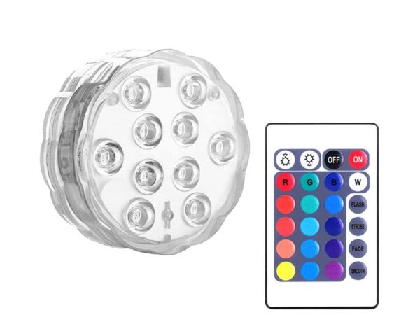 Lampe RGB 10 LED étanche sans fil IP68 avec télécommande, 3 piles AAA (jacuzzi, piscine, aquarium)