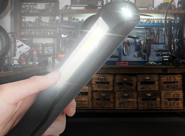 Lampe torche d'atelier oblongue en plastique COB/ABS, noire