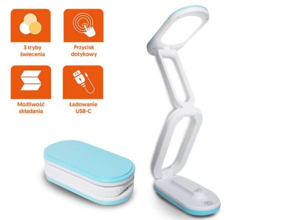 Lampe de bureau LED LTC, 3 modes d'éclairage (3000/4000/6000 K), batterie 1200 mAh, pliable, bleue