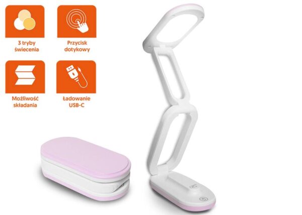 Lampe de bureau LED LTC, 3 modes d'éclairage (3000/4000/6000 K), batterie 1200 mAh, pliable, rose