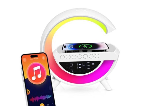 Lampe LED RGB intelligente avec chargeur à induction, écran LCD, haut-parleur Bluetooth, radio FM, USB, lecteur de carte TF, entrée auxiliaire, horloge, alarme, batterie