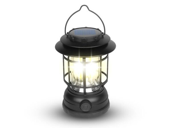 Lampe solaire de camping COB avec batterie 18650, réglage progressif de la luminosité, 3000K, noire