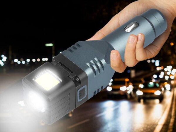 Lampe torche de voiture rechargeable 4 en 1 en aluminium, 1 LED 250 lm + COB 300 lm, batterie 1500 mAh, chargement USB 2,1 A, brise-vitre, aimant, cassable
