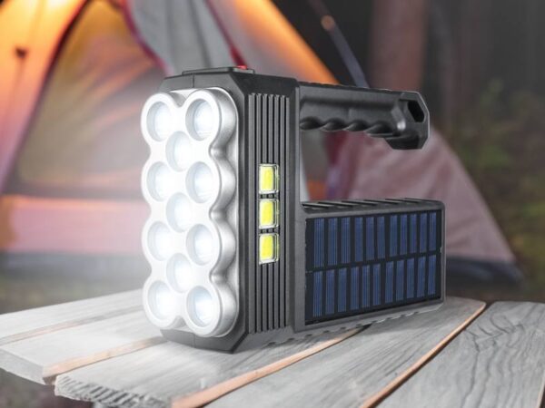 Lampe torche solaire portable LTC 11 LED XPE + 3 COB 800 lm 5 W, batterie 1200 mAh, chargement solaire, IP65, MicroUSB