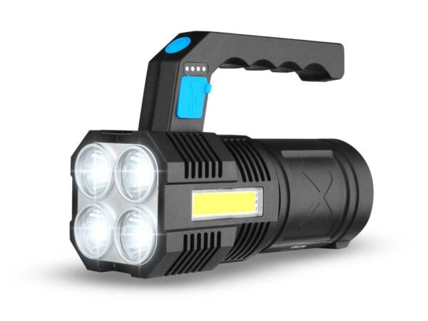 Lampe torche portable 4 LED 2000 lm + COB avec batterie 800 mAh, étanchéité IP65, indicateur de niveau de charge, 4 modes d'éclairage