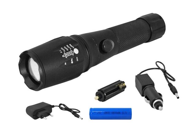 Lampe torche portative LTC LL45, T6, ZOOM, aluminium, ensemble chargeur voiture et secteur, NOIR.