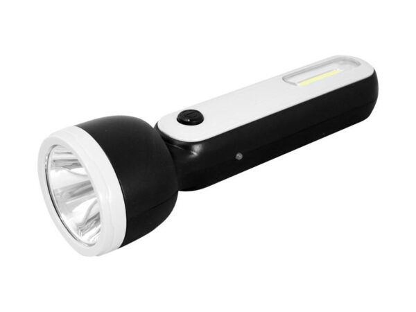 Lampe torche portative 1 LED 3W + COB 1W avec batterie 1200mAh, noire, câble micro USB, 4 heures de charge en position éteinte.