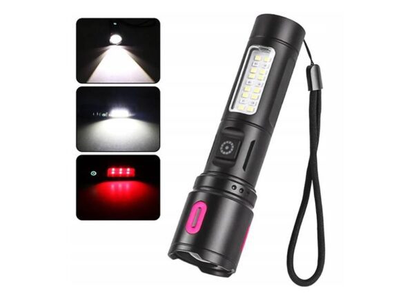 Lampe torche portable 1 LED XPE + 12 LED blanches + 6 LED rouges 10 W, aluminium, rechargeable, IP65