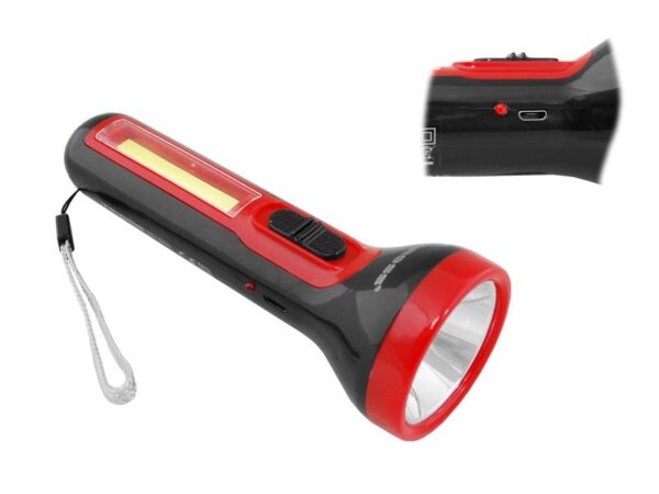 Lampe torche LED portable 3W + COB 3W, TS-1855 avec batterie 1200mAh, câble microUSB, noire.
