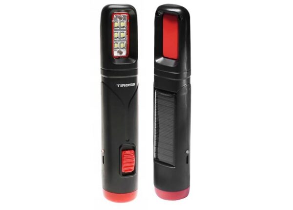 Lampe torche solaire portable TS2221, 1 LED 1 W (110 lm) + 6 LED SMD (60 lm), batterie 1200 mAh, noire