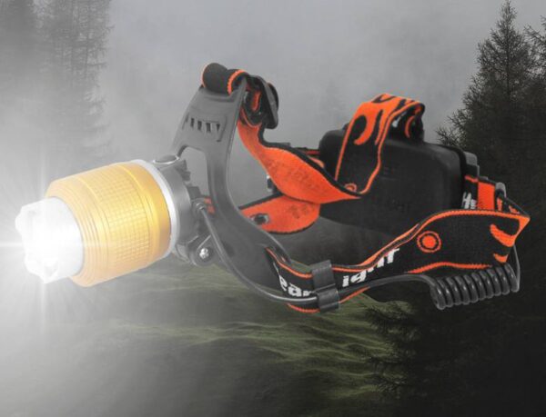 Lampe frontale LTC LL48, T6, zoom, aluminium, ensemble chargeur voiture et secteur, noir et orange.