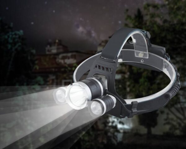 Lampe frontale LTC 3-LED T6 1200lm, 2 batteries 18650, chargeur secteur, chargeur voiture, réglage en 4 étapes.