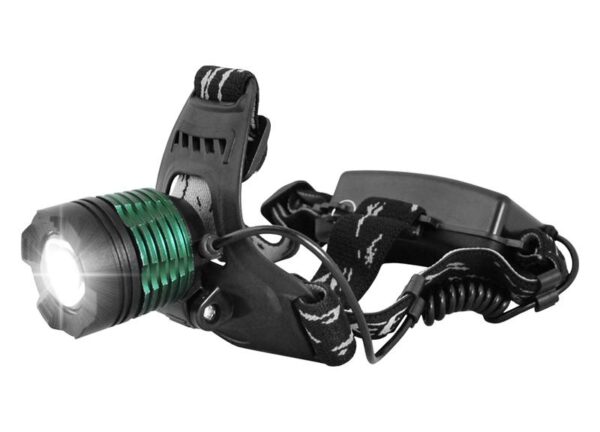 Lampe frontale LTC LL47, T6, zoom, aluminium, ensemble chargeur secteur et allume-cigare, noir.