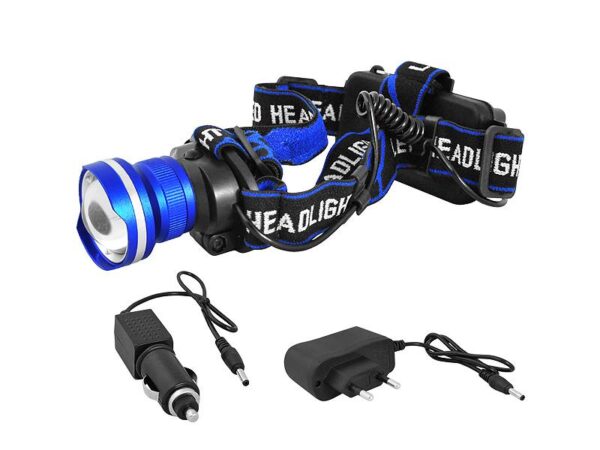 Lampe frontale LTC LL46, T6, zoom, aluminium, ensemble chargeur secteur et voiture, noir et bleu.