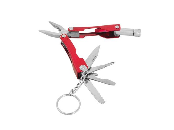 Outil multifonction en acier et aluminium avec lampe torche, rouge.
