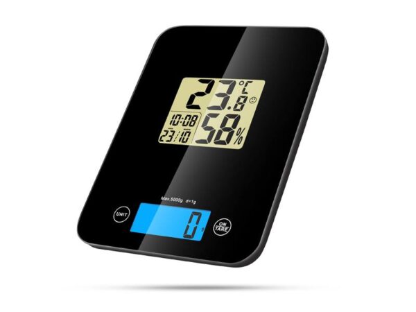 Balance de cuisine en verre avec thermohygromètre et horloge, noire LTC.