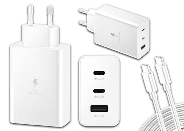 Chargeur mural PD 65 W, 2 ports USB-C, 1 port USB avec câble Type-C, blanc