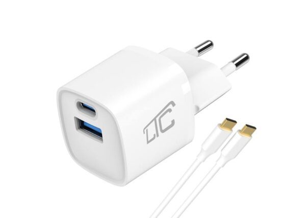 Chargeur mural USB-C PD GaN 30 W + USB 3 A LTC + câble USB-C-USB-C de 1 m