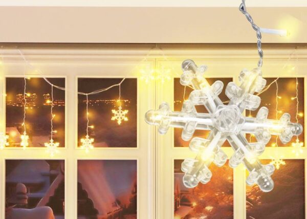 Rideau lumineux à 136 LED, flocons de neige, lumière blanc chaud