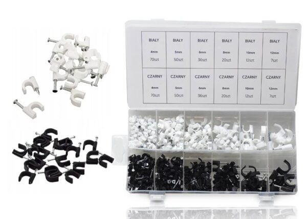 Supports pour câbles de claquettes, 4, 5, 6, 8, 10, 12 mm, blanc/noir, boîte de 390 pièces