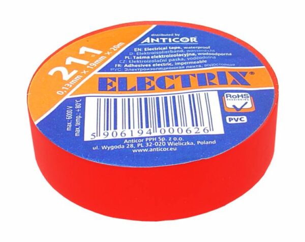 Ruban PVC rouge PS ELECTRIX 211 19 mm, 20 m.