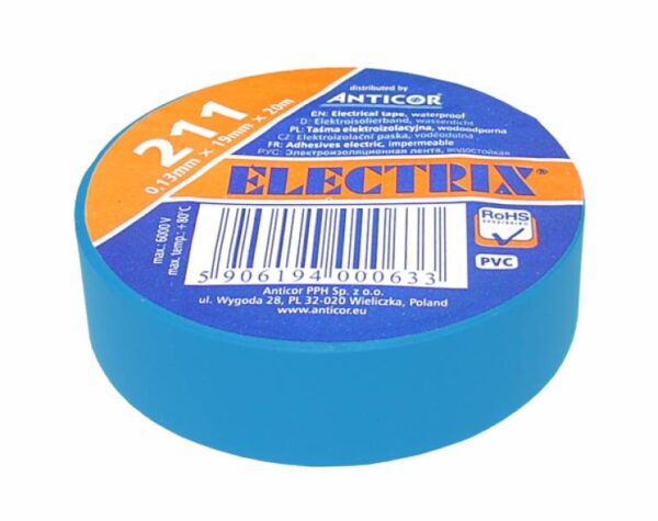 Ruban PVC Electrix 211, bleu, 19 mm x 20 m.