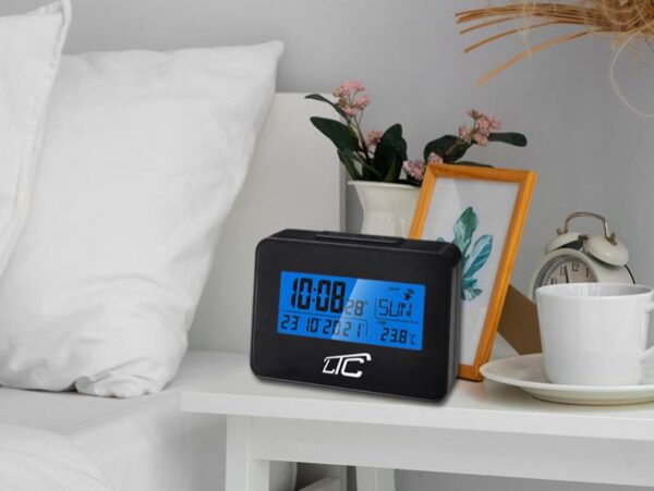 Réveil radio-piloté LTC avec thermomètre, noir.