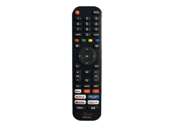 Télécommande pour téléviseur LCD Hisense EN2G30H, compatible avec Netflix, YouTube, Prime Video et Rakuten.