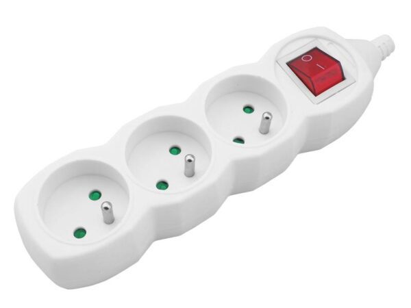 Multiprise à 3 prises avec mise à la terre et interrupteur, blanche