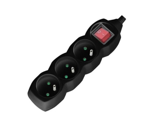 Multiprise à 3 prises avec mise à la terre et interrupteur, noire