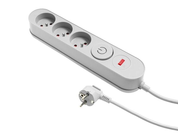 Multiprise PS avec protection contre les surtensions, 3 prises, câble de 3 m, interrupteur, grise