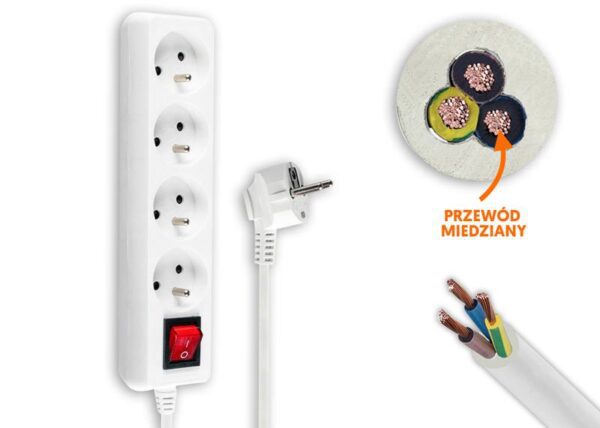 Rallonge électrique, 4 prises avec mise à la terre et interrupteur, 1,5 m, blanche